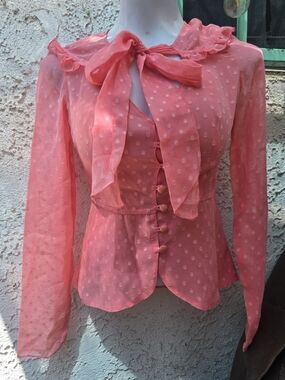 ALICE Temperley Pink Coral Sheer Tie-Neck Blouse